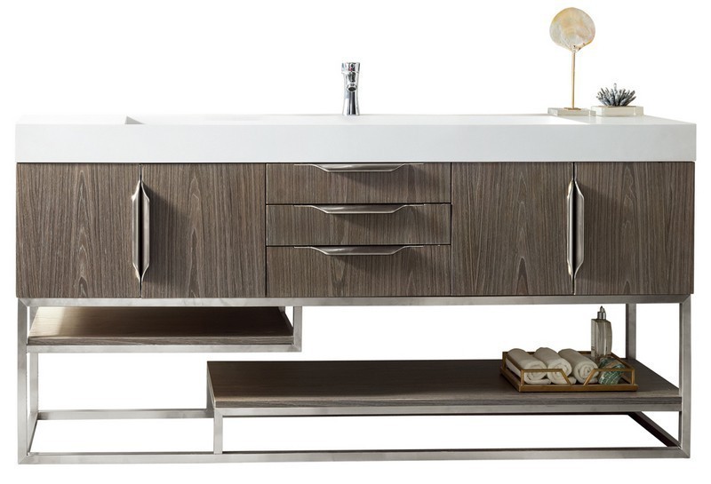 JAMES MARTIN 388-V72S-AGR-BN-GW COLUMBIA 72 INCH SINGLE VANITY IN ASH GRAY WITH GLOSSY WHITE SOLID SURFACE TOP