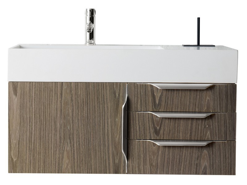 JAMES MARTIN 389-V36-AGR-A-GW MERCER ISLAND 36 INCH SINGLE VANITY IN ASH GRAY WITH GLOSSY WHITE SOLID SURFACE TOP