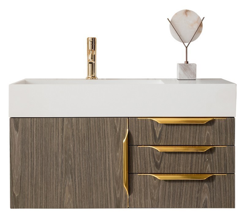 JAMES MARTIN 389-V36-AGR-G-GW MERCER ISLAND 36 INCH SINGLE VANITY IN ASH GRAY, RADIANT GOLD WITH GLOSSY WHITE SOLID SURFACE TOP