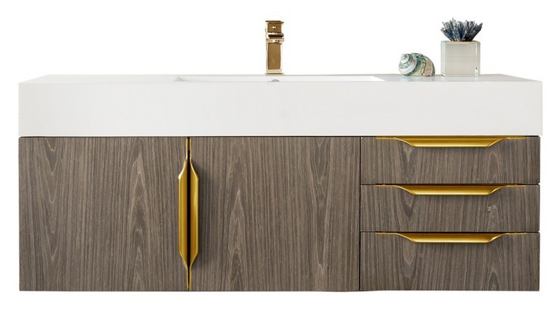 JAMES MARTIN 389-V48-AGR-G-GW MERCER ISLAND 48 INCH SINGLE VANITY IN ASH GRAY, RADIANT GOLD WITH GLOSSY WHITE SOLID SURFACE TOP
