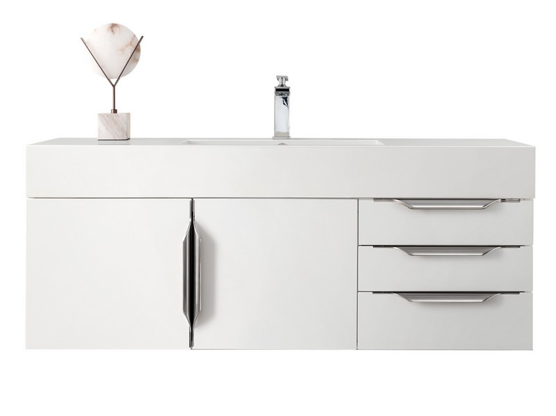 JAMES MARTIN 389-V48-GW-A-GW MERCER ISLAND 48 INCH SINGLE VANITY IN GLOSSY WHITE WITH GLOSSY WHITE SOLID SURFACE TOP