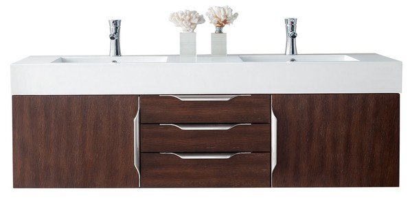 JAMES MARTIN 389-V59D-CFO-A-DGG MERCER ISLAND 59 INCH DOUBLE VANITY IN COFFEE OAK WITH GLOSSY DARK GRAY SOLID SURFACE TOP