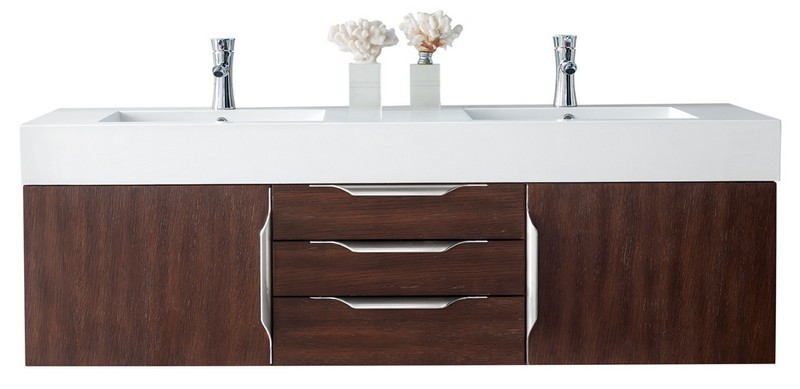 JAMES MARTIN 389-V59D-CFO-A-GW MERCER ISLAND 59 INCH DOUBLE VANITY IN COFFEE OAK WITH GLOSSY WHITE SOLID SURFACE TOP