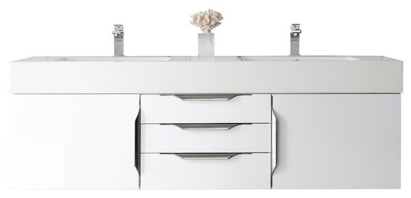 JAMES MARTIN 389-V59D-GW-A-DGG MERCER ISLAND 59 INCH DOUBLE VANITY IN GLOSSY WHITE WITH GLOSSY DARK GRAY SOLID SURFACE TOP