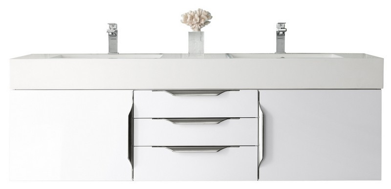JAMES MARTIN 389-V59D-GW-A-GW MERCER ISLAND 59 INCH DOUBLE VANITY IN GLOSSY WHITE WITH GLOSSY WHITE SOLID SURFACE TOP