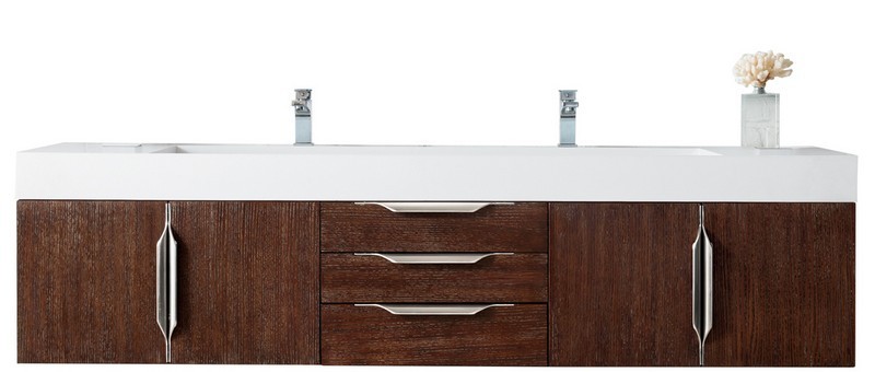 JAMES MARTIN 389-V72D-CFO-A-GW MERCER ISLAND 72 INCH DOUBLE VANITY IN COFFEE OAK WITH GLOSSY WHITE SOLID SURFACE TOP