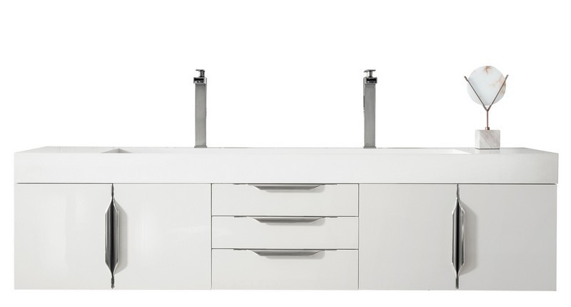 JAMES MARTIN 389-V72D-GW-A-GW MERCER ISLAND 72 INCH DOUBLE VANITY IN GLOSSY WHITE WITH GLOSSY WHITE SOLID SURFACE TOP