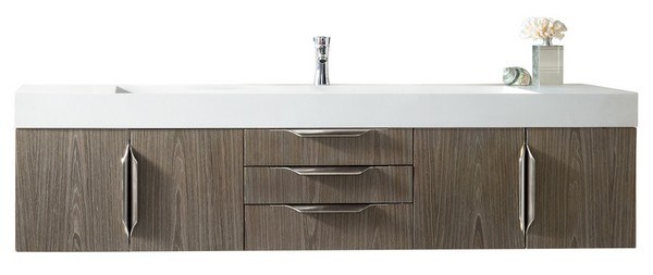 JAMES MARTIN 389-V72S-AGR-A-DGG MERCER ISLAND 72 INCH SINGLE VANITY IN ASH GRAY WITH GLOSSY DARK GRAY SOLID SURFACE TOP