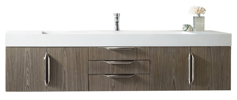 JAMES MARTIN 389-V72S-AGR-A-GW MERCER ISLAND 72 INCH SINGLE VANITY IN ASH GRAY WITH GLOSSY WHITE SOLID SURFACE TOP