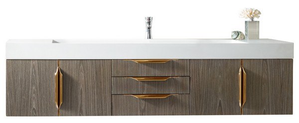 JAMES MARTIN 389-V72S-AGR-G-DGG MERCER ISLAND 72 INCH SINGLE VANITY IN ASH GRAY, RADIANT GOLD WITH GLOSSY DARK GRAY SOLID SURFACE TOP