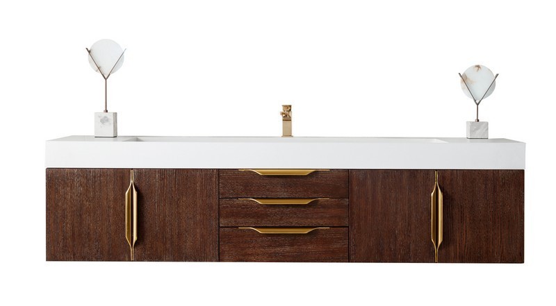 JAMES MARTIN 389-V72S-CFO-G-GW MERCER ISLAND 72 INCH SINGLE VANITY IN COFFEE OAK, RADIANT GOLD WITH GLOSSY WHITE SOLID SURFACE TOP