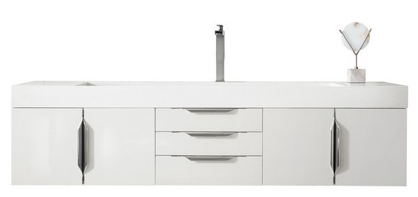 JAMES MARTIN 389-V72S-GW-A-DGG MERCER ISLAND 72 INCH SINGLE VANITY IN GLOSSY WHITE WITH GLOSSY DARK GRAY SOLID SURFACE TOP