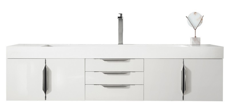 JAMES MARTIN 389-V72S-GW-A-GW MERCER ISLAND 72 INCH SINGLE VANITY IN GLOSSY WHITE WITH GLOSSY WHITE SOLID SURFACE TOP