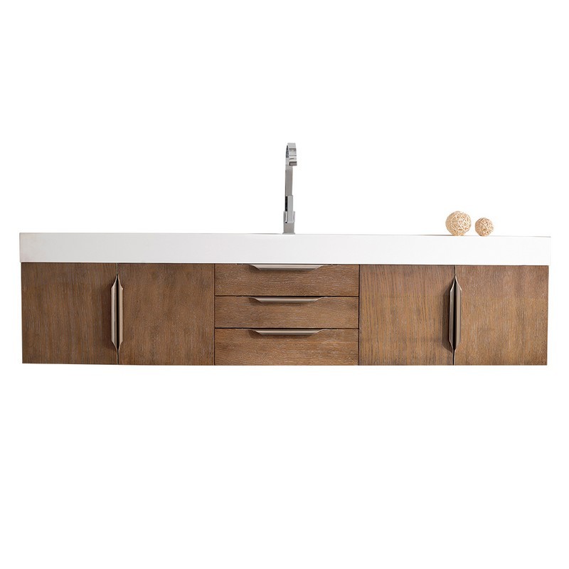 JAMES MARTIN 389-V72S-LTO-A-GW MERCER ISLAND 72 INCH SINGLE VANITY IN LATTE OAK WITH GLOSSY WHITE SOLID SURFACE TOP