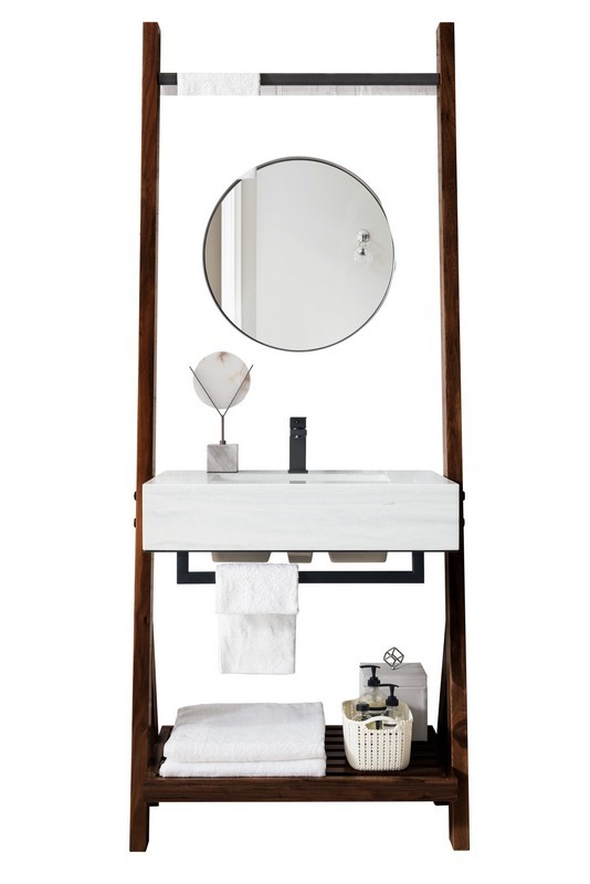 JAMES MARTIN 410-V30-WLT-AF LAKESIDE 30 INCH SINGLE VANITY IN MID CENTURY WALNUT WITH ARCTIC FALL SOLID SURFACE TOP
