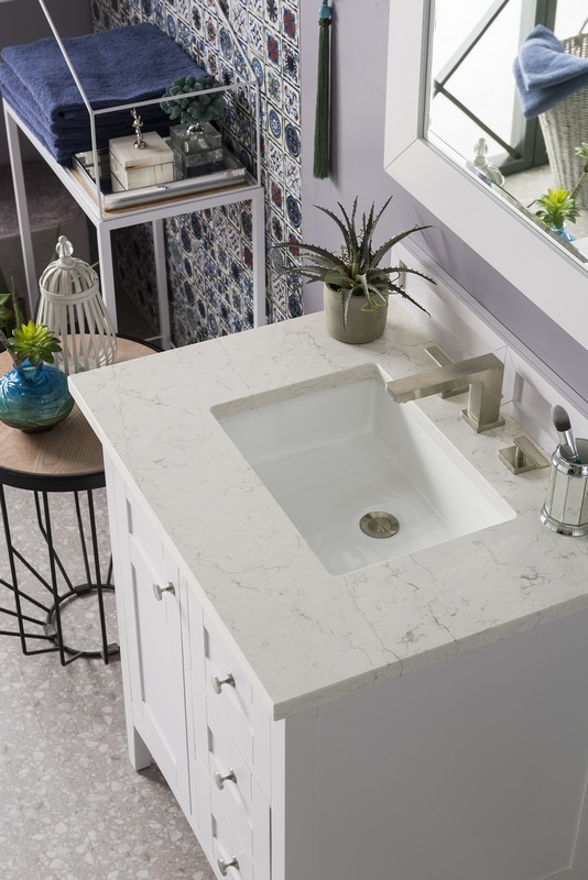 JAMES MARTIN 527-V30-BW-3EJP PALISADES 30 INCH SINGLE VANITY IN BRIGHT WHITE WITH 3 CM ETERNAL JASMINE PEARL QUARTZ TOP WITH SINK