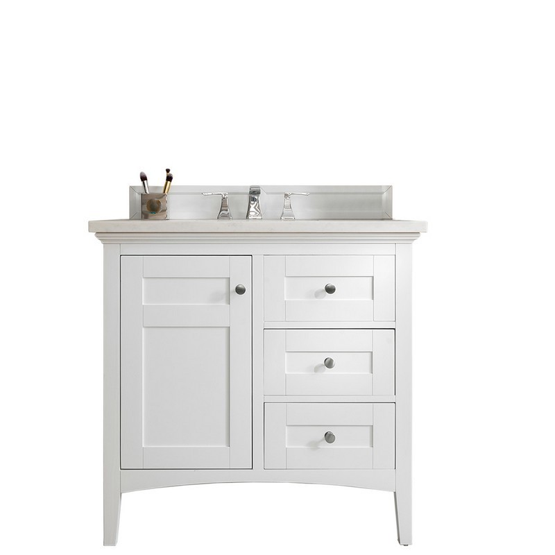 JAMES MARTIN 527-V36-BW-3EJP PALISADES 36 INCH SINGLE VANITY IN BRIGHT WHITE WITH 3 CM ETERNAL JASMINE PEARL QUARTZ TOP WITH SINK