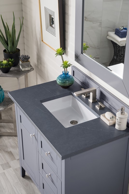 JAMES MARTIN 527-V36-SL-3CSP PALISADES 36 INCH SINGLE VANITY IN SILVER GRAY WITH 3 CM CHARCOAL SOAPSTONE QUARTZ TOP WITH SINK