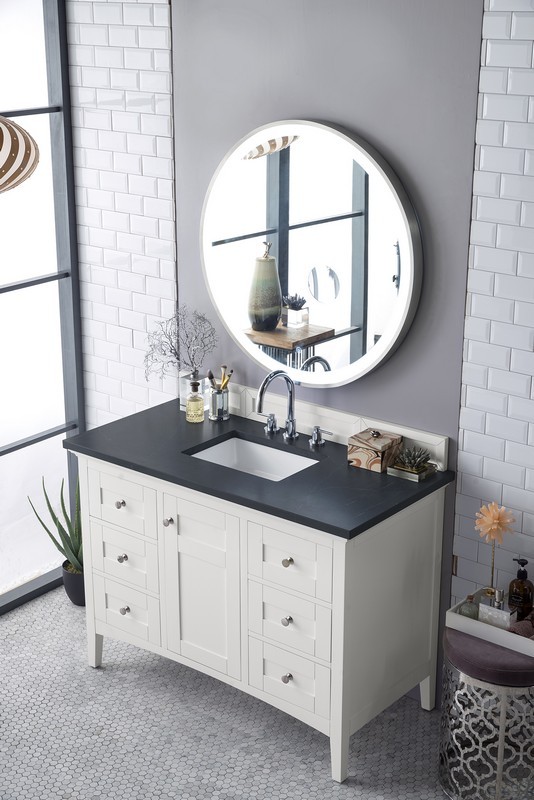 JAMES MARTIN 527-V48-BW-3CSP PALISADES 48 INCH SINGLE VANITY IN BRIGHT WHITE WITH 3 CM CHARCOAL SOAPSTONE QUARTZ TOP WITH SINK