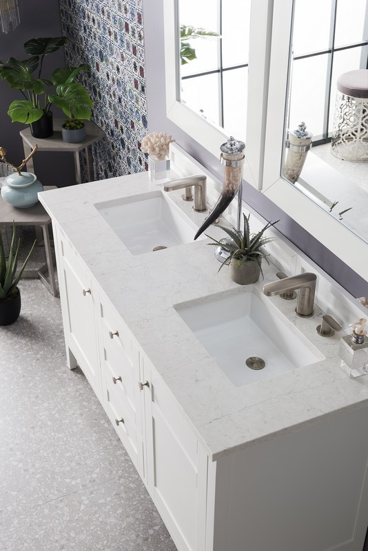 JAMES MARTIN 527-V60D-BW-3EJP PALISADES 60 INCH DOUBLE VANITY IN BRIGHT WHITE WITH 3 CM ETERNAL JASMINE PEARL QUARTZ TOP WITH SINK
