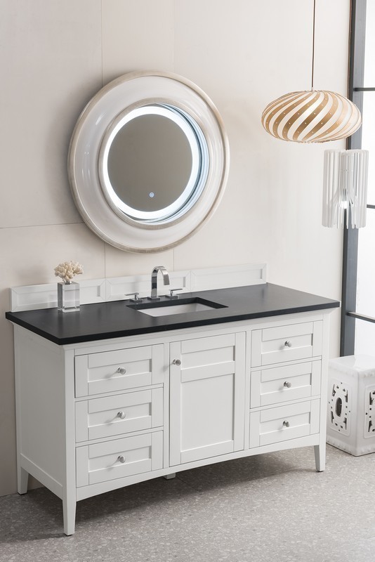 JAMES MARTIN 527-V60S-BW-3CSP PALISADES 60 INCH SINGLE VANITY IN BRIGHT WHITE WITH 3 CM CHARCOAL SOAPSTONE QUARTZ TOP WITH SINK