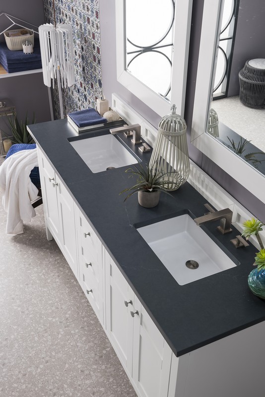 JAMES MARTIN 527-V72-BW-3CSP PALISADES 72 INCH DOUBLE VANITY IN BRIGHT WHITE WITH 3 CM CHARCOAL SOAPSTONE QUARTZ TOP WITH SINK