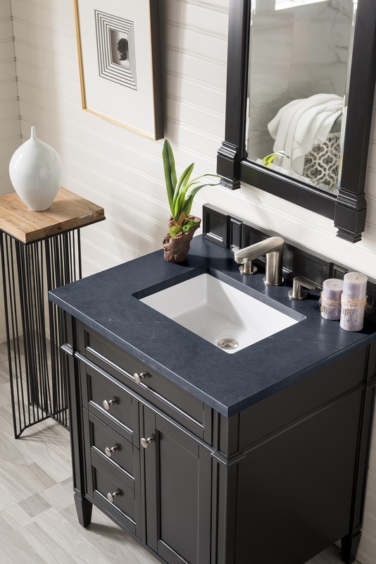 JAMES MARTIN 650-V30-BKO-3CSP BRITTANY 30 INCH SINGLE VANITY IN BLACK ONYX WITH 3 CM CHARCOAL SOAPSTONE QUARTZ TOP WITH SINK