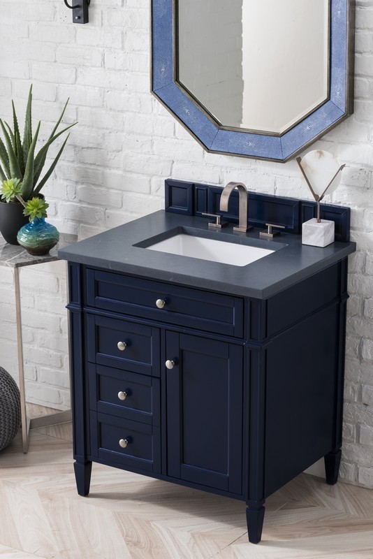 JAMES MARTIN 650-V30-VBL-3CSP BRITTANY 30 INCH SINGLE VANITY IN VICTORY BLUE WITH 3 CM CHARCOAL SOAPSTONE QUARTZ TOP WITH SINK