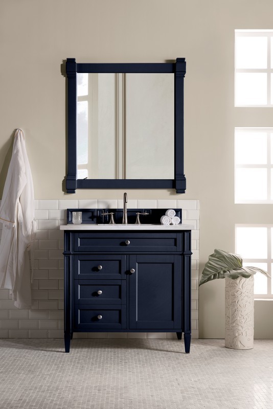 JAMES MARTIN 650-V36-VBL-3AF BRITTANY 36 INCH VICTORY BLUE SINGLE VANITY WITH 3 CM ARCTIC FALL SOLID SURFACE TOP