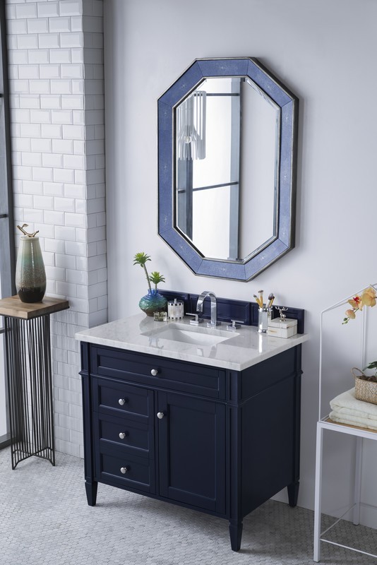 JAMES MARTIN 650-V36-VBL-3CAR BRITTANY 36 INCH VICTORY BLUE SINGLE VANITY WITH 3 CM CARRARA MARBLE TOP