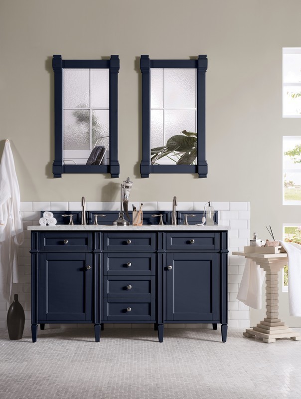 JAMES MARTIN 650-V60D-VBL-3CAR BRITTANY 60 INCH VICTORY BLUE DOUBLE VANITY WITH 3 CM CARRARA MARBLE TOP