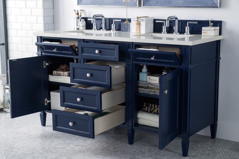 JAMES MARTIN 650-V60D-VBL-3EJP BRITTANY 60 INCH VICTORY BLUE DOUBLE VANITY WITH 3 CM ETERNAL JASMINE PEARL QUARTZ TOP WITH SINK