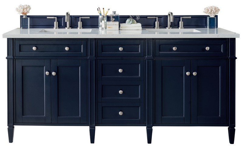 JAMES MARTIN 650-V72-VBL-3EJP BRITTANY 72 INCH VICTORY BLUE DOUBLE VANITY WITH 3 CM ETERNAL JASMINE PEARL QUARTZ TOP WITH SINK