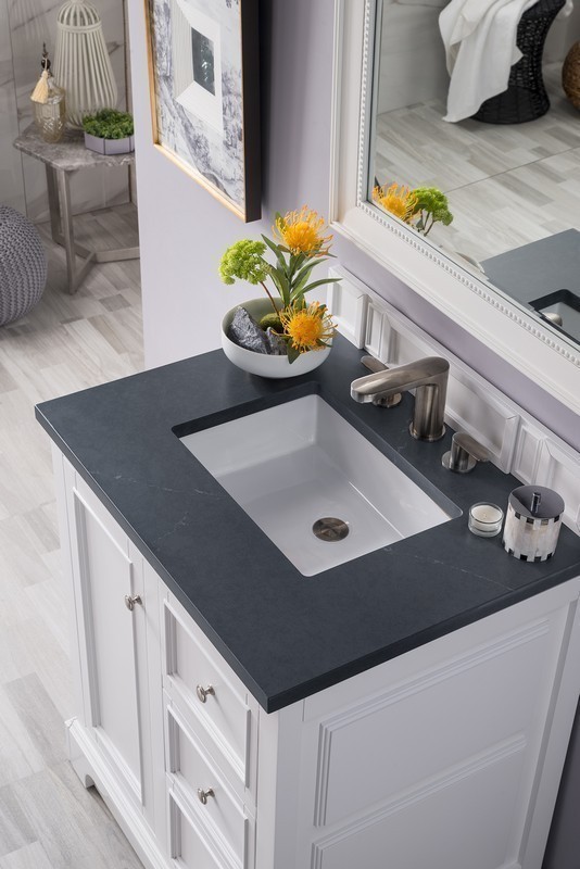 JAMES MARTIN 825-V30-BW-3CSP DE SOTO 31 INCH SINGLE VANITY IN BRIGHT WHITE WITH 3 CM CHARCOAL SOAPSTONE QUARTZ TOP WITH SINK