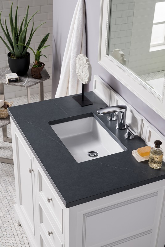 JAMES MARTIN 825-V36-BW-3CSP DE SOTO 37 INCH SINGLE VANITY IN BRIGHT WHITE WITH 3 CM CHARCOAL SOAPSTONE QUARTZ TOP WITH SINK