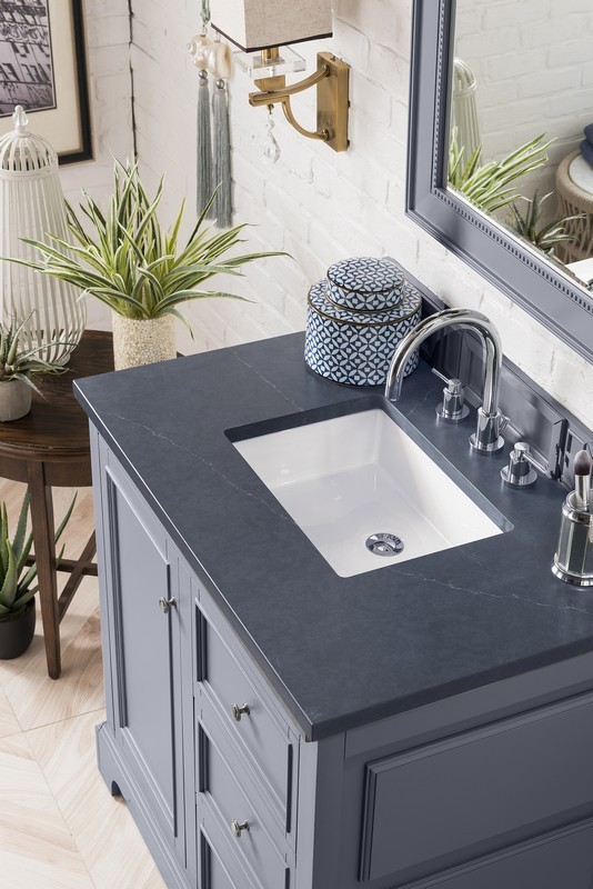 JAMES MARTIN 825-V36-SL-3CSP DE SOTO 37 INCH SINGLE VANITY IN SILVER GRAY WITH 3 CM CHARCOAL SOAPSTONE QUARTZ TOP WITH SINK