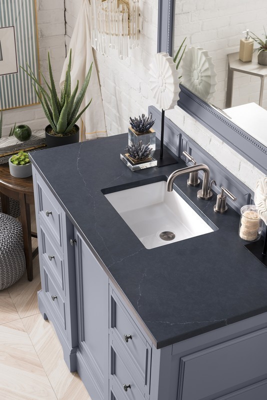 JAMES MARTIN 825-V48-SL-3CSP DE SOTO 49 INCH SINGLE VANITY IN SILVER GRAY WITH 3 CM CHARCOAL SOAPSTONE QUARTZ TOP WITH SINK