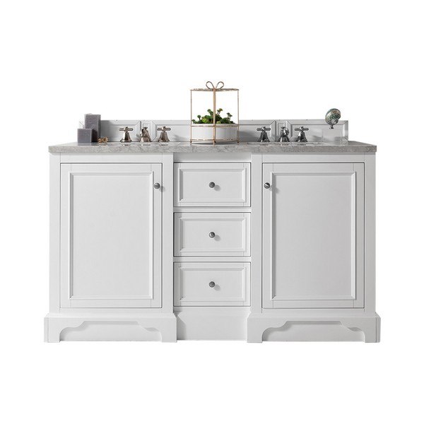 JAMES MARTIN 825-V60D-BW-3CSP DE SOTO 61 INCH DOUBLE VANITY IN BRIGHT WHITE WITH 3 CM CHARCOAL SOAPSTONE QUARTZ TOP WITH SINK