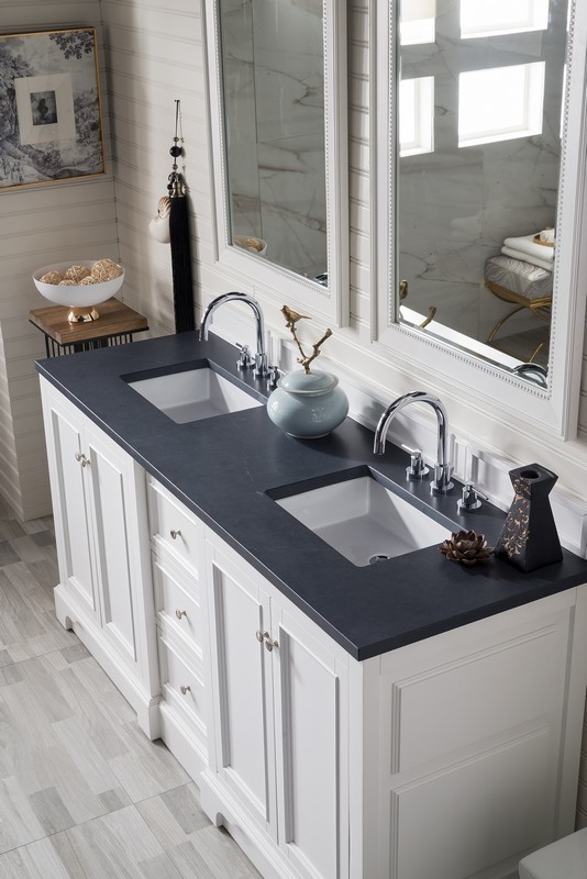 JAMES MARTIN 825-V72-BW-3CSP DE SOTO 73 INCH DOUBLE VANITY IN BRIGHT WHITE WITH 3 CM CHARCOAL SOAPSTONE QUARTZ TOP WITH SINK