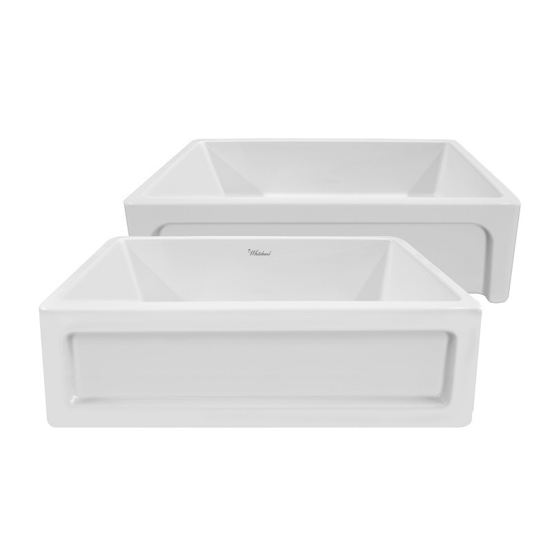 WHITEHAUS WHQ5550 GLENCOVE 33 INCH REVERSIBLE FIRECLAY KITCHEN SINK WITH SHAKER DESIGN FRONT APRON ON ONE SIDE AND AN ELEGANT BEVELED FRONT APRON ON THE OPPOSITE SIDE
