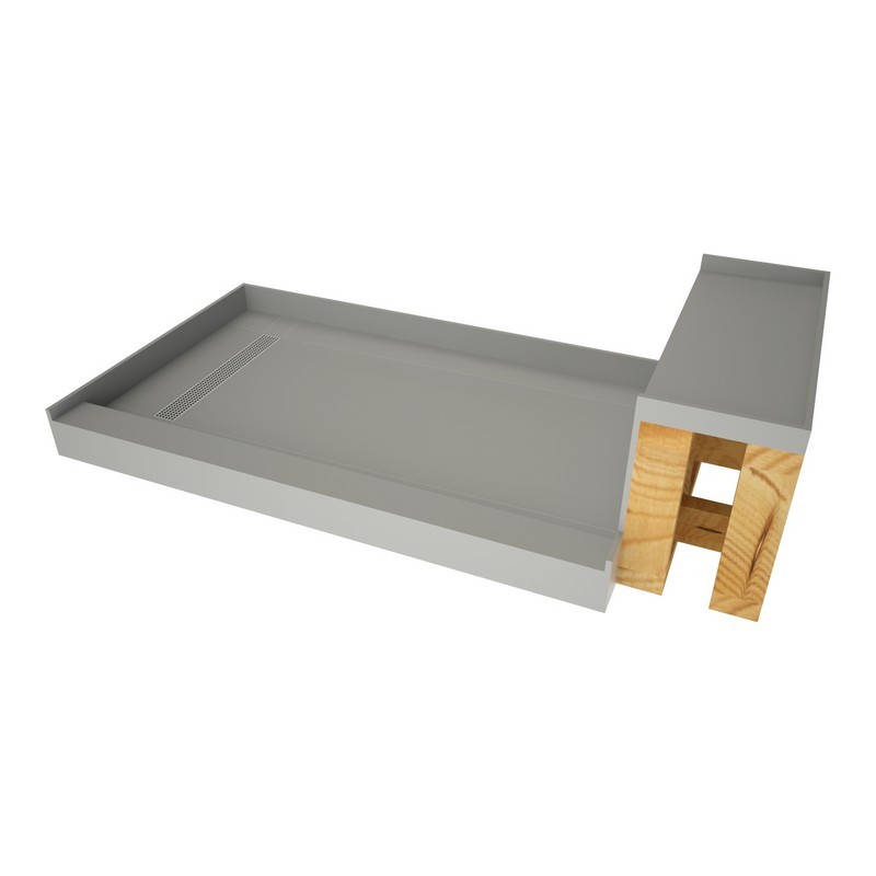 TILE REDI RT3448L-SQ-RB34-KIT BASE'N BENCH 34 D X 60 W INCH FULLY INTEGRATED SHOWER PAN KIT WITH LEFT PVC DRAIN, LEFT TRENCH WITH DESIGNER GRATE AND BENCH RB3412