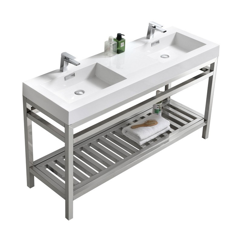 KUBEBATH AC60D CISCO 60 INCH DOUBLE SINK STAINLESS STEEL CONSOLE WITH ACRYLIC SINK IN CHROME