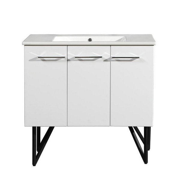 SWISS MADISON SM-BV213 ANNECY 36 INCH SINGLE BATHROOM VANITY IN GLOSSY WHITE WITH WHITE BASIN, TWO DOORS AND ONE DRAWER
