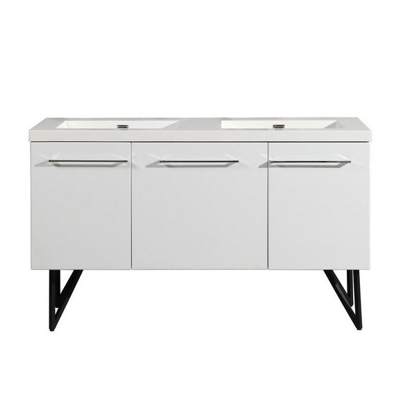SWISS MADISON SM-BV216 ANNECY 60 INCH DOUBLE BATHROOM VANITY IN GLOSSY WHITE WITH WHITE BASIN, TWO DOORS AND ONE DRAWER