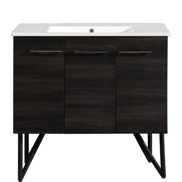 SWISS MADISON SM-BV223 ANNECY 36 INCH SINGLE BATHROOM VANITY IN BLACK WALNUT WITH WHITE BASIN, TWO DOORS AND ONE DRAWER