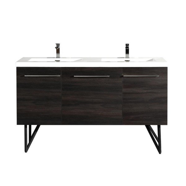 SWISS MADISON SM-BV226 ANNECY 60 INCH DOUBLE BATHROOM VANITY IN BLACK WALNUT WITH WHITE BASIN, TWO DOORS AND ONE DRAWER