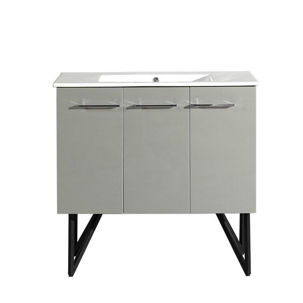 SWISS MADISON SM-BV233 ANNECY 36 INCH SINGLE BATHROOM VANITY IN BRUSHED ALUMINUM WITH WHITE BASIN, TWO DOORS AND ONE DRAWER
