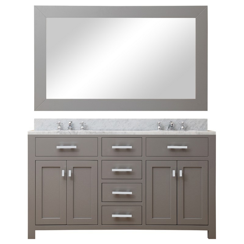 WATER-CREATION MS60CW01CG-R60BX0901 MADISON 60 INCH CASHMERE GREY DOUBLE SINK BATHROOM VANITY WITH MATCHING FRAMED MIRROR AND FAUCET