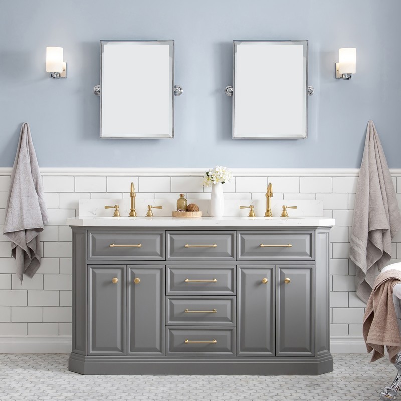 WATER-CREATION PA60QZ06CG-E18000000 PALACE 60 INCH QUARTZ CARRARA CASHMERE GREY BATHROOM VANITY SET IN SATIN BRASS AND MIRRORS ONLY IN CHROME