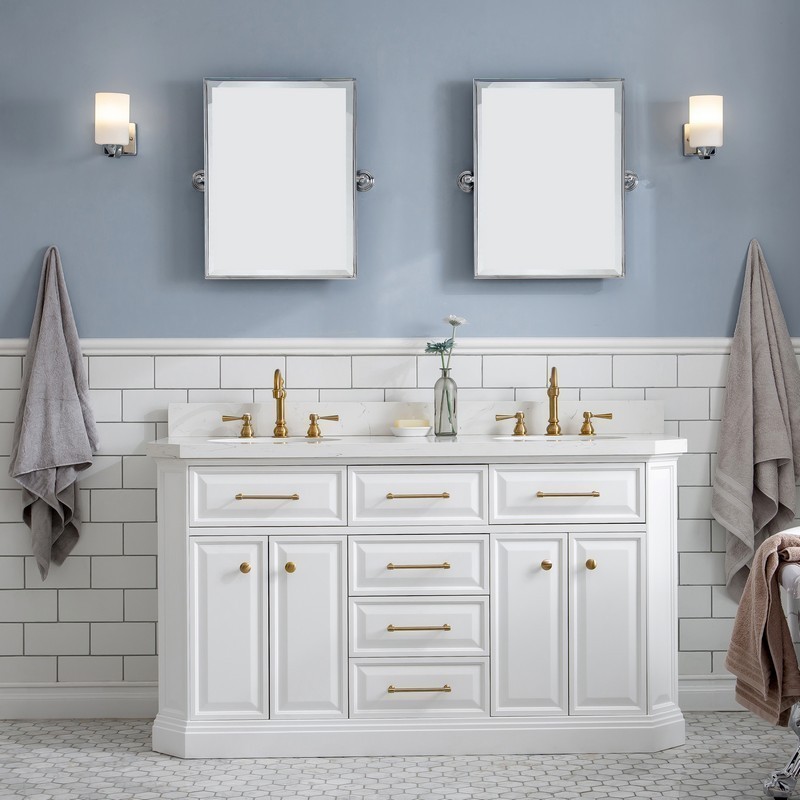 WATER-CREATION PA60QZ06PW-E18000000 PALACE 60 INCH QUARTZ CARRARA PURE WHITE BATHROOM VANITY SET IN SATIN BRASS AND MIRRORS ONLY IN CHROME